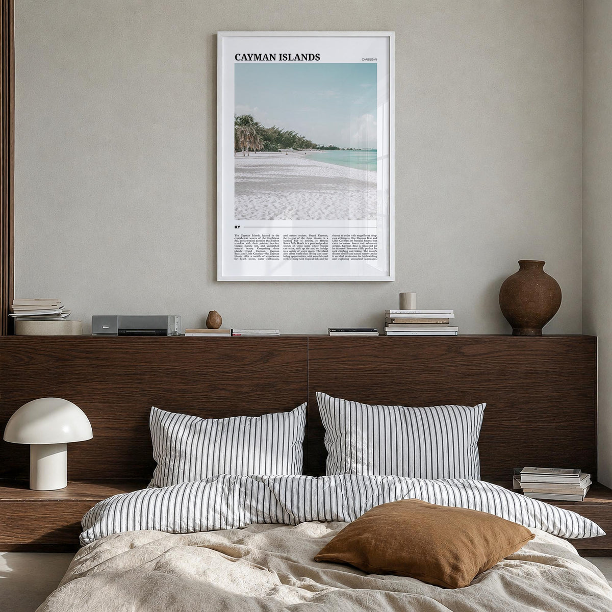 Cayman Islands colorful travel poster of Caribbean – vertical wall art in white wood frame, hanging on wall