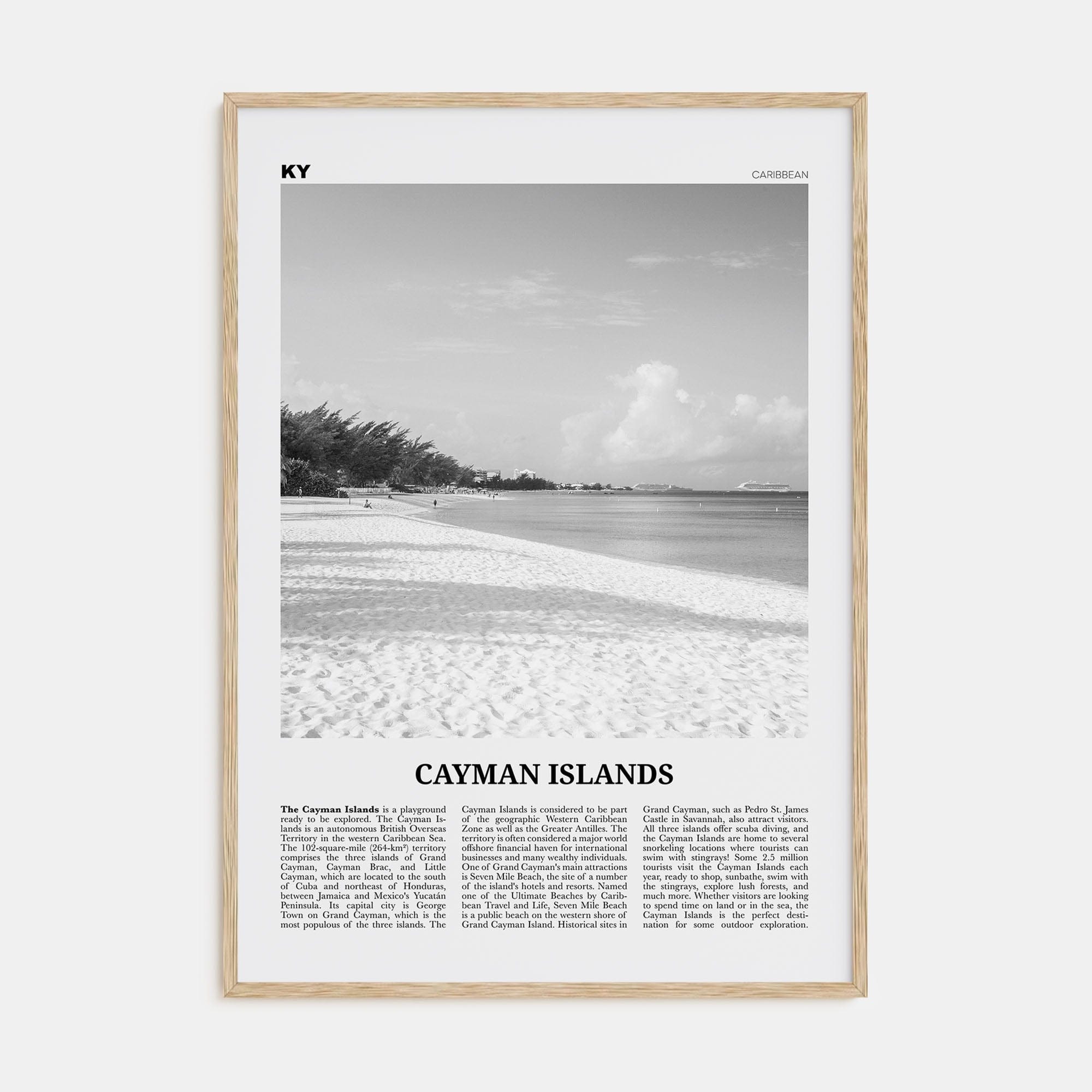 Cayman Islands Poster Natural Wood / 8x12 in Nbourhood Travel B&W Poster