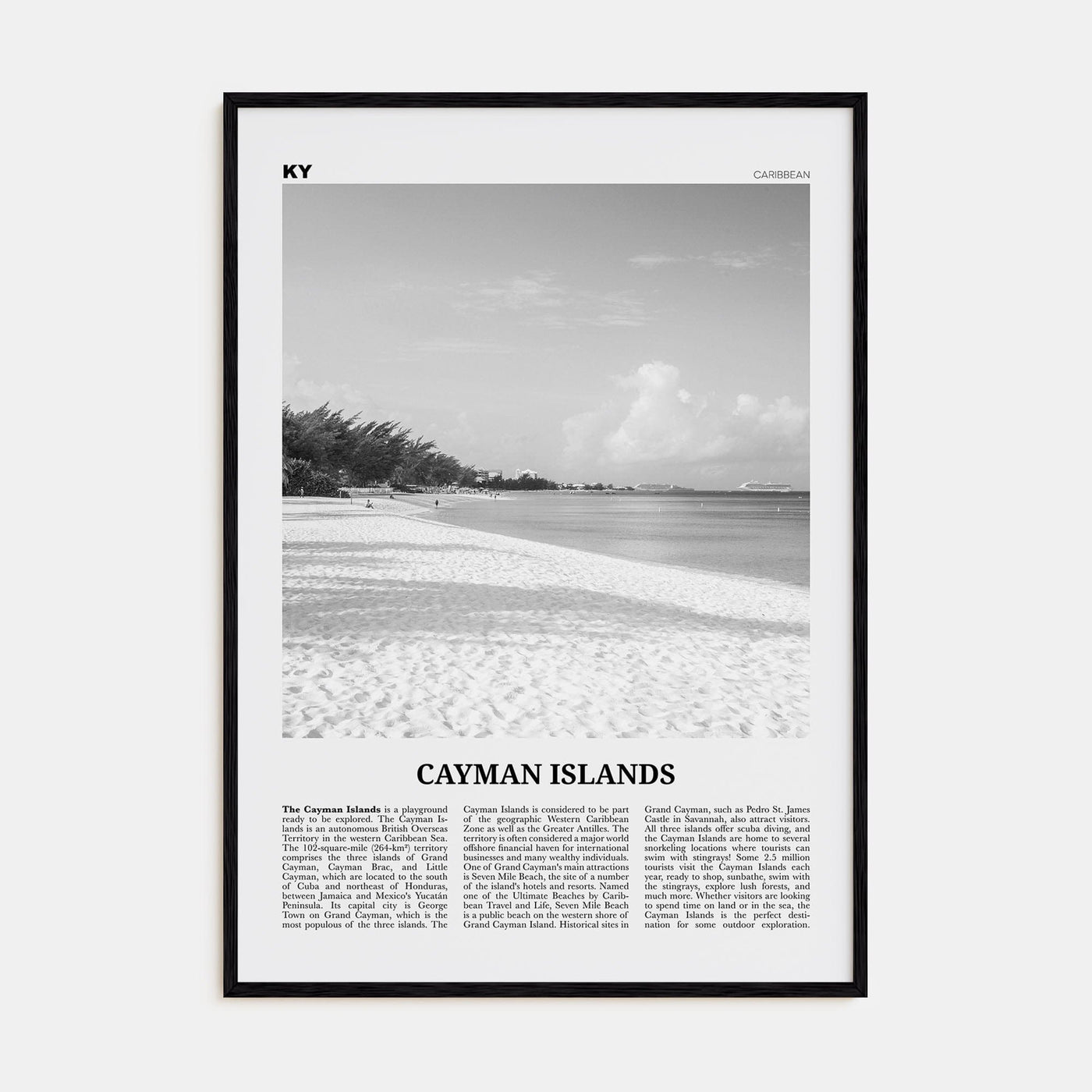 Cayman Islands Poster Black Wood / 8x12 in Nbourhood Travel B&W Poster