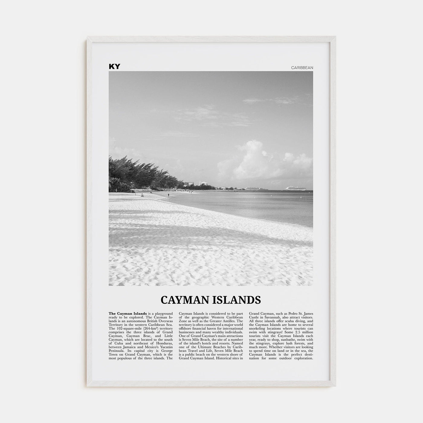 Cayman Islands Poster White Wood / 8x12 in Nbourhood Travel B&W Poster