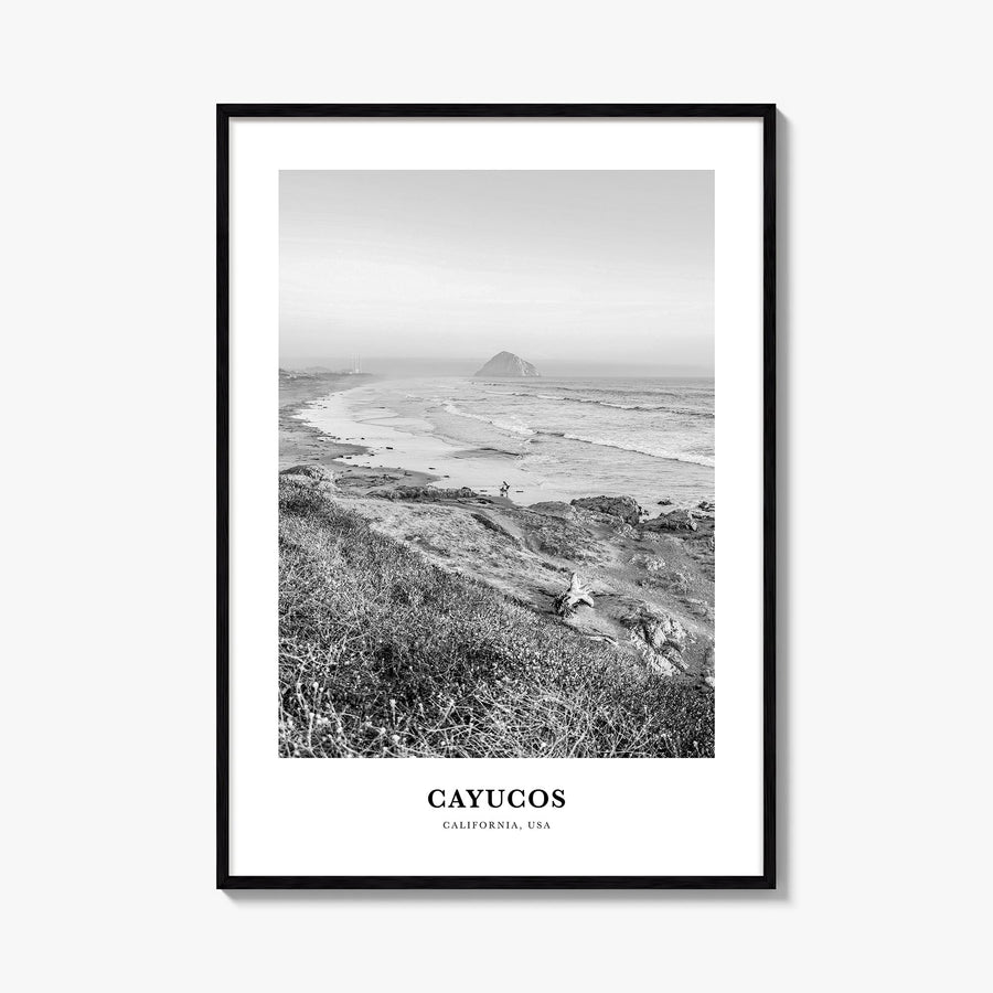 Cayucos black & white classic poster of California, USA – vertical wall art, unframed print shown in interior mockup