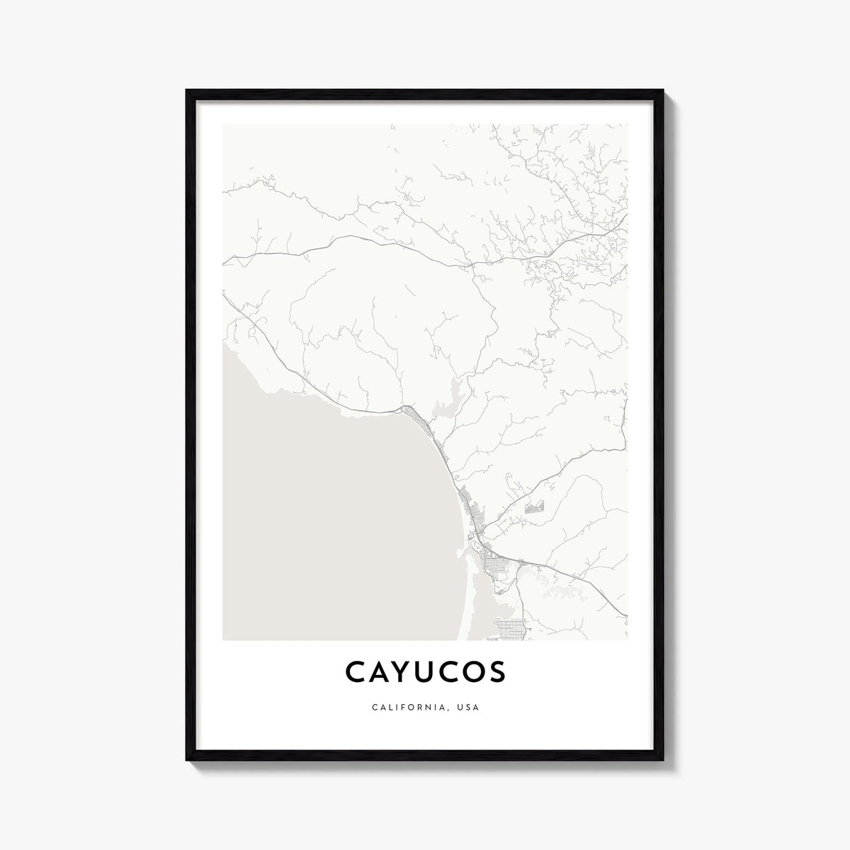Cayucos black & white map poster of California, USA – vertical wall art, unframed print shown in interior mockup