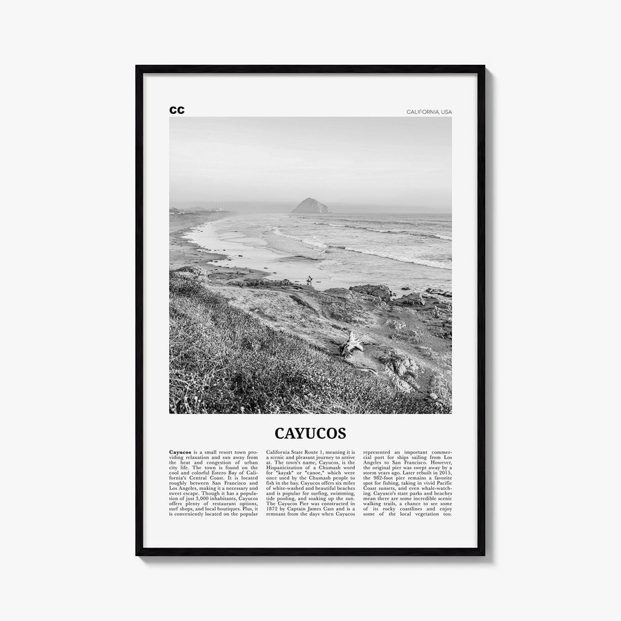 Cayucos black & white newspaper poster of California, USA – vertical wall art, unframed print shown in interior mockup