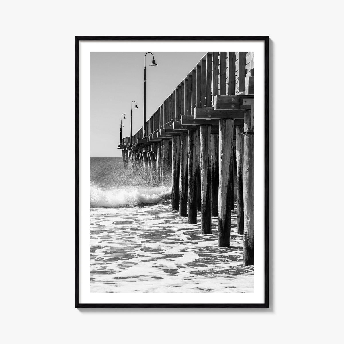 Cayucos black & white photo poster of California, USA – vertical wall art, unframed print shown in interior mockup