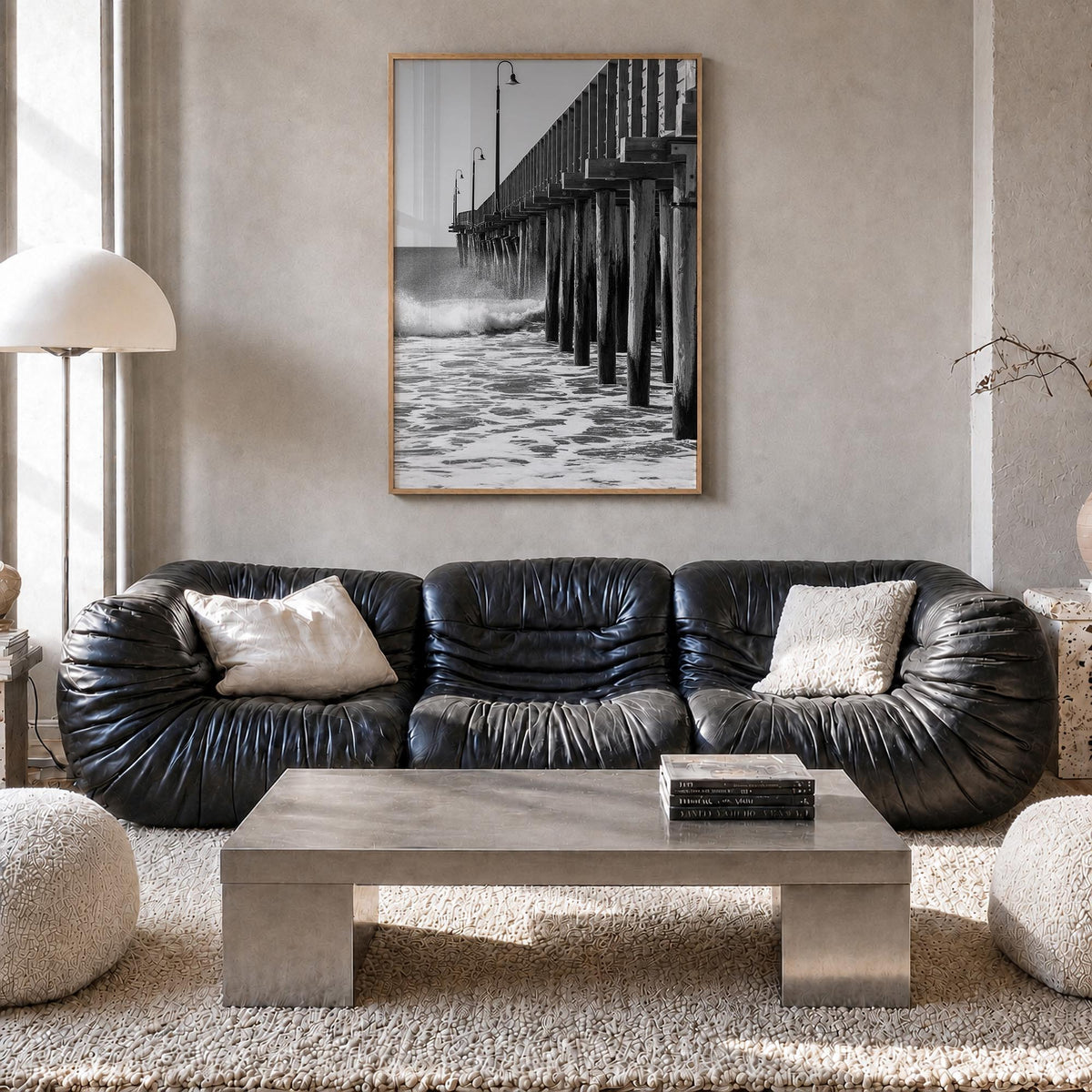 Cayucos black & white photo poster of California, USA – vertical wall art in natural wood frame, hanging on wall