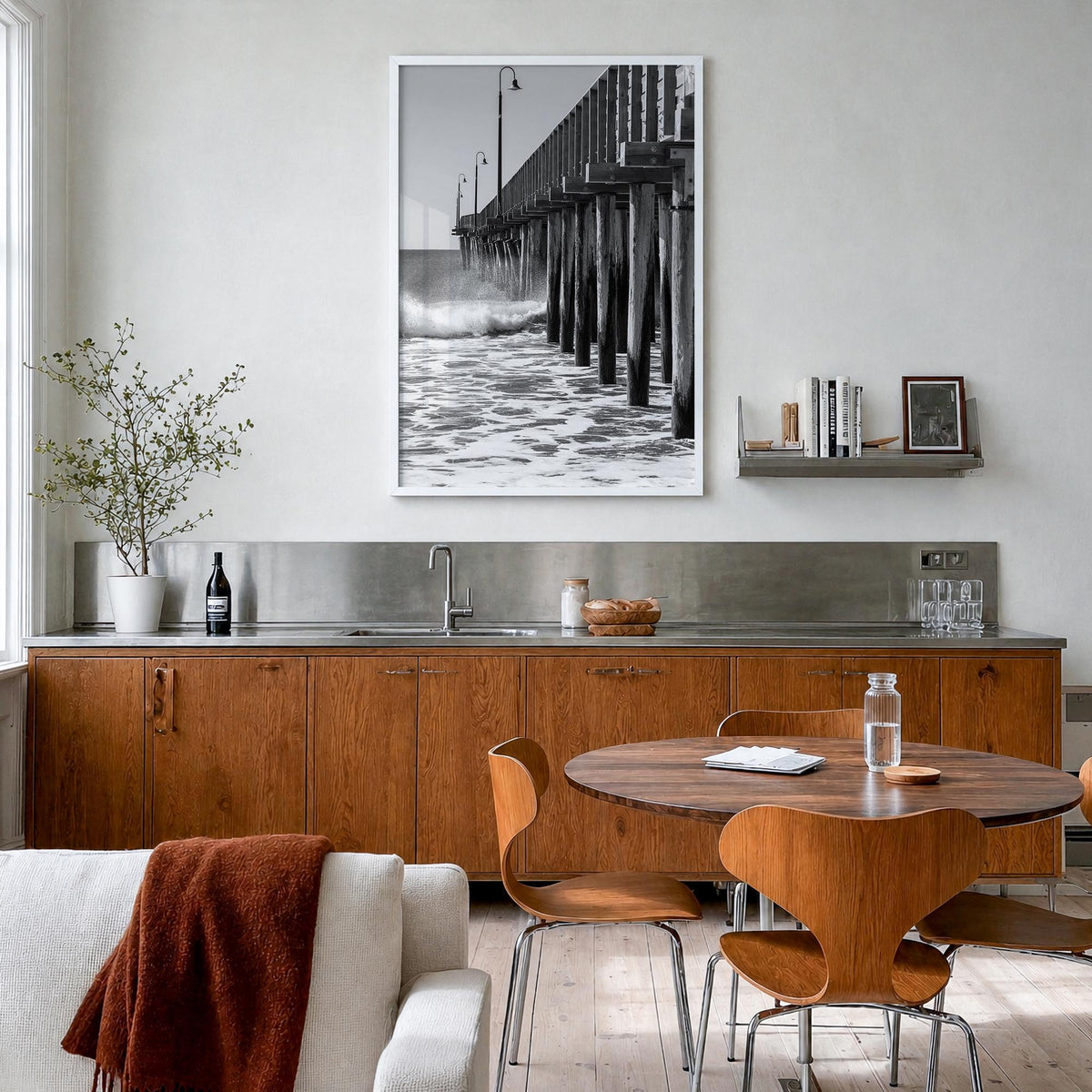 Cayucos black & white photo poster of California, USA – vertical wall art in white wood frame, hanging on wall