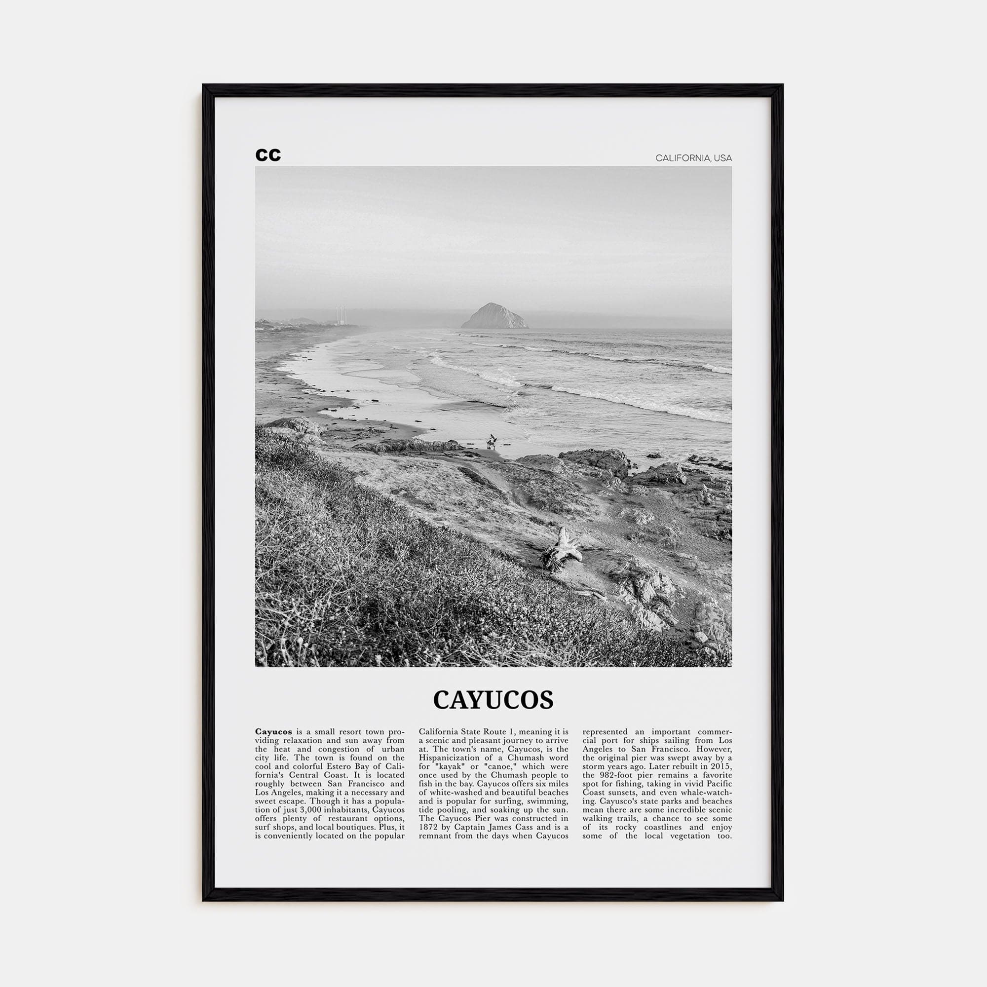 Cayucos Poster Black Wood / 8x12 in Nbourhood Travel B&W Poster