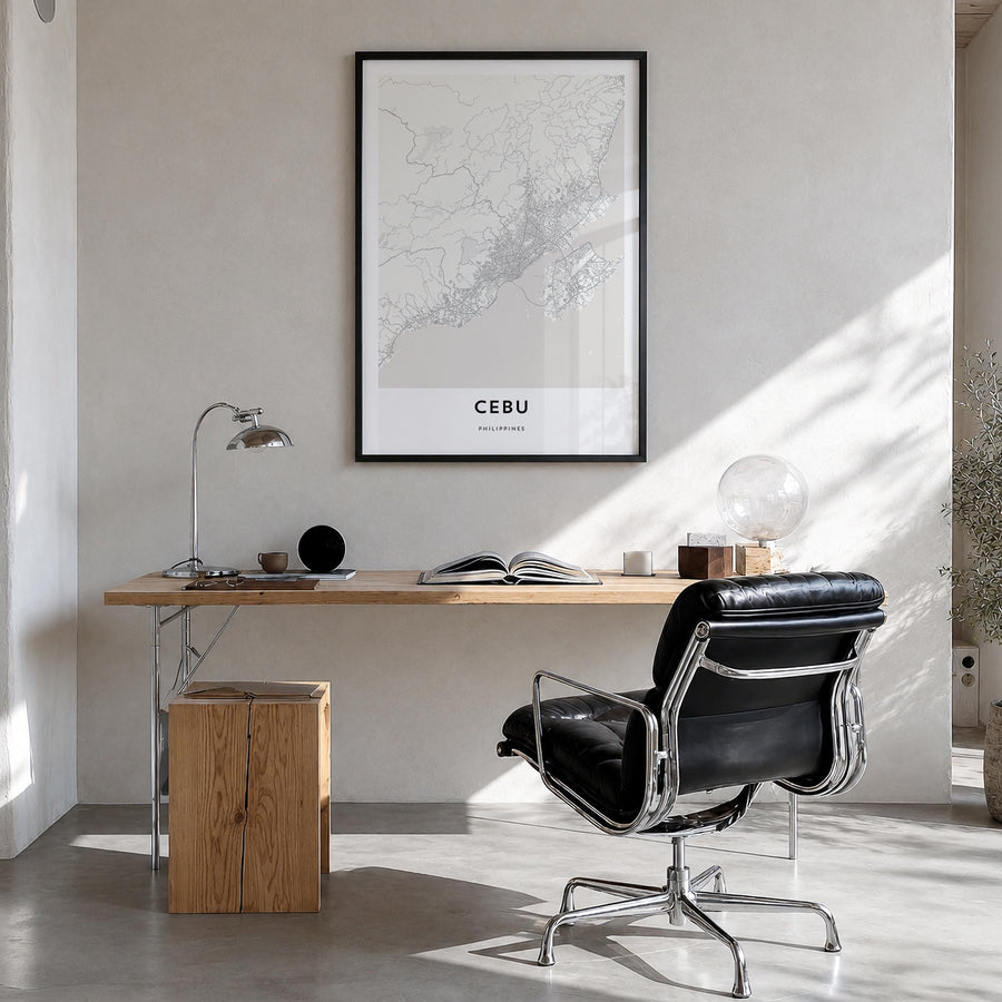 Cebu black & white map poster of Philippines – vertical wall art in black wood frame, hanging on wall