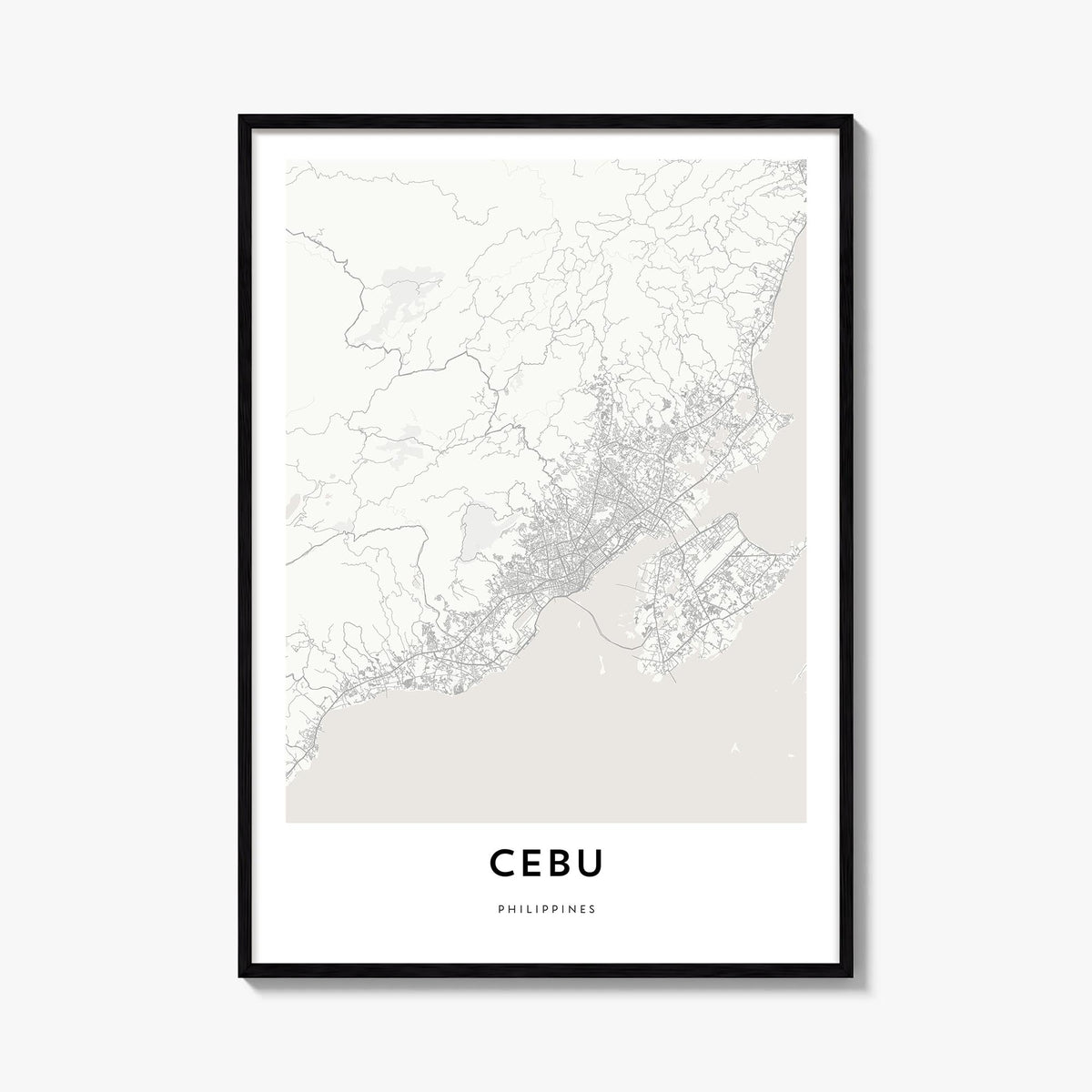 Cebu black & white map poster of Philippines – vertical wall art, unframed print shown in interior mockup