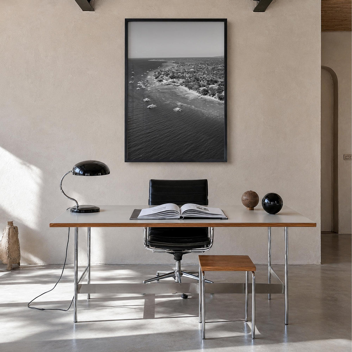 Cebu black & white photo poster of Philippines – vertical wall art in black wood frame, hanging on wall