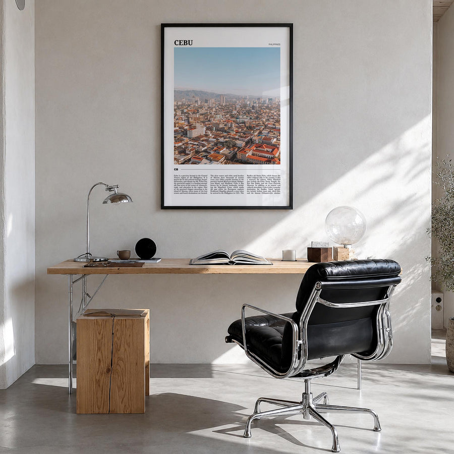 Cebu colorful travel poster of Philippines – vertical wall art in black wood frame, hanging on wall