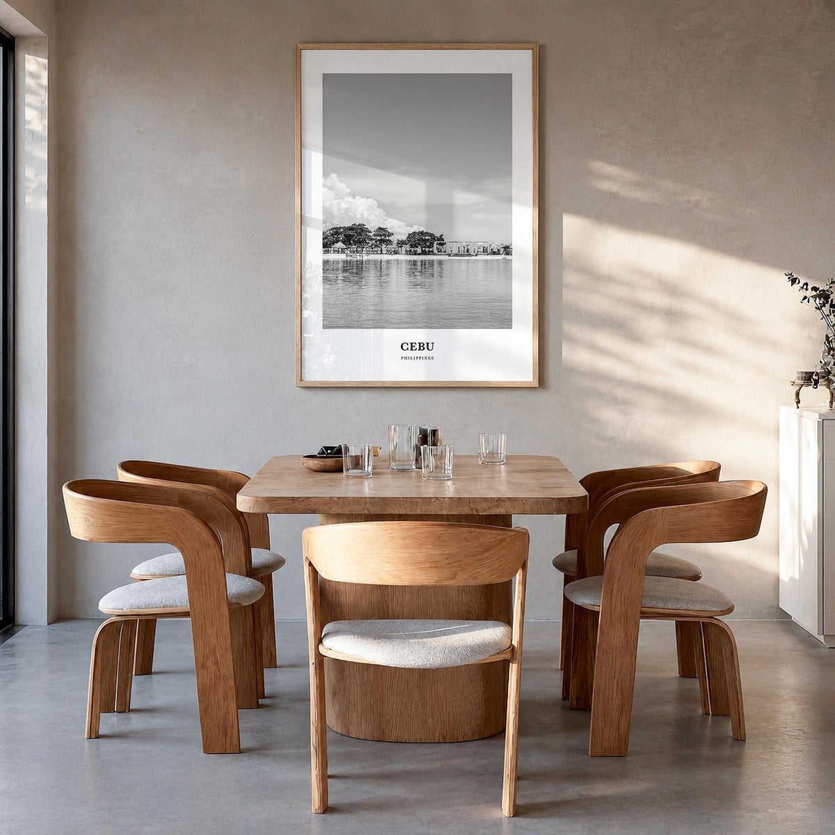 Cebu no. 1 black & white classic poster of Philippines – vertical wall art in natural wood frame, hanging on wall