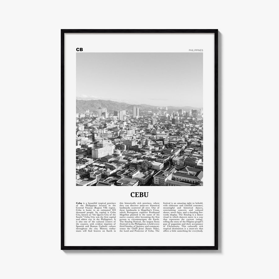 Cebu no. 1 black & white newspaper poster of Philippines – vertical wall art, unframed print shown in interior mockup