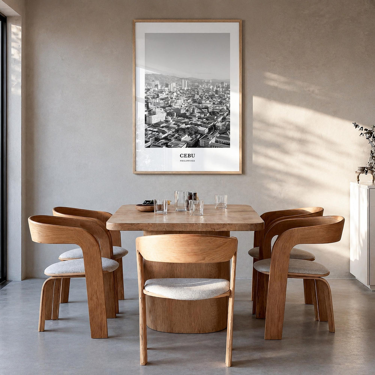 Cebu no. 2 black & white classic poster of Philippines – vertical wall art in natural wood frame, hanging on wall