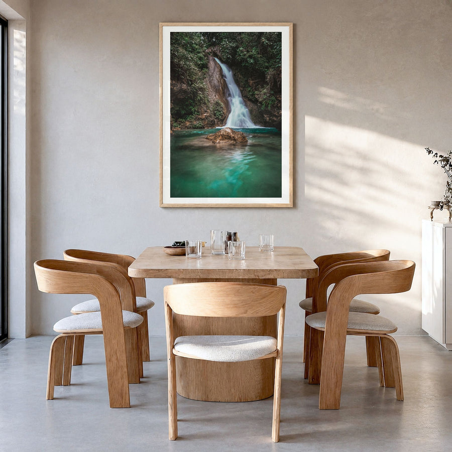 Cebu Photo Poster in a natural wood frame, hanging in a dining room, white border