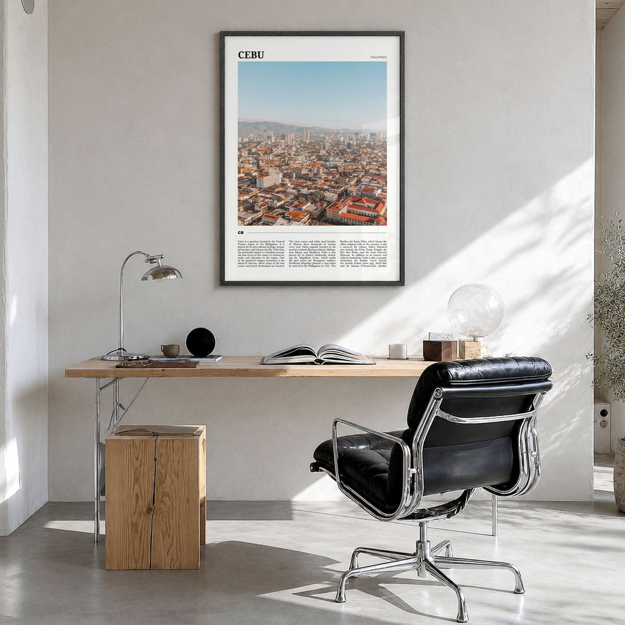 Cebu Travel Poster in a black wood frame, hanging in a bright home office