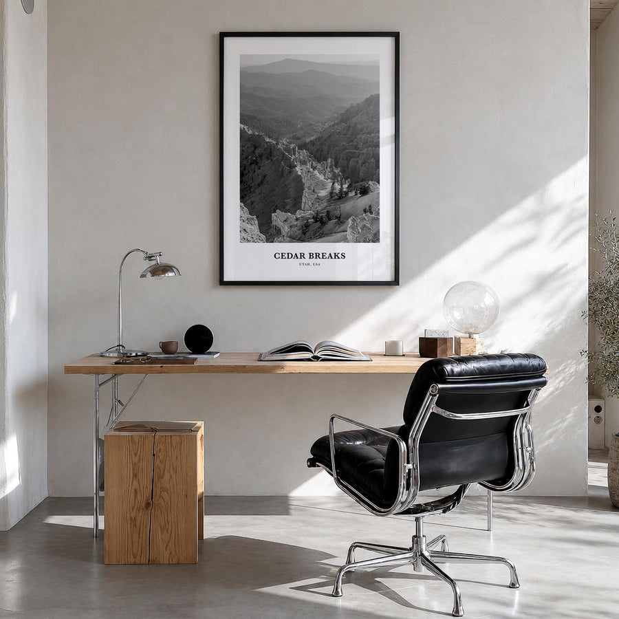 Cedar Breaks National Monument black & white classic poster of Utah, USA – vertical wall art in black wood frame, hanging on 