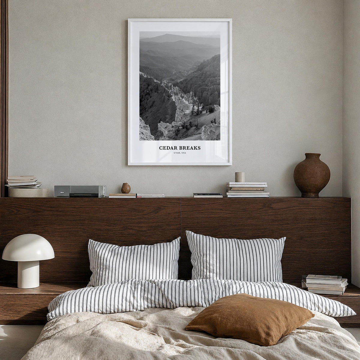 Cedar Breaks National Monument black & white classic poster of Utah, USA – vertical wall art in white wood frame, hanging on 