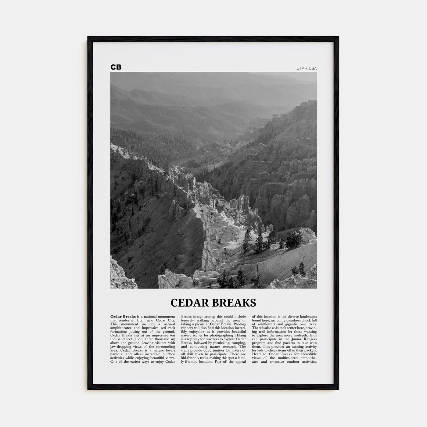 Cedar Breaks National Monument Poster Black Wood / 8x12 in Nbourhood Travel B&W Poster