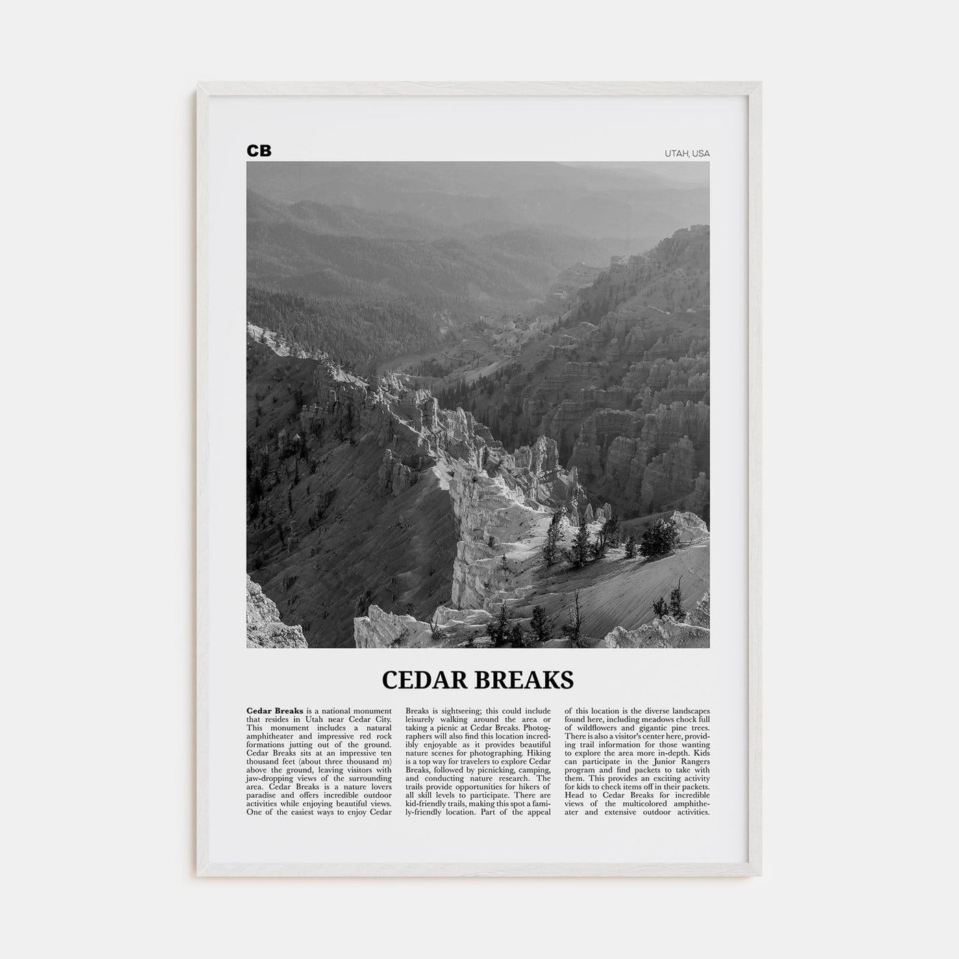 Cedar Breaks National Monument Poster White Wood / 8x12 in Nbourhood Travel B&W Poster