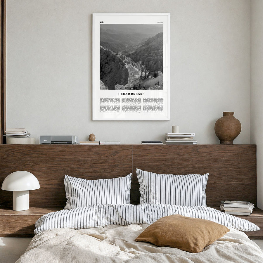 Cedar Breaks National Monument Newspaper Poster in a white wood frame, hanging in a bedroom