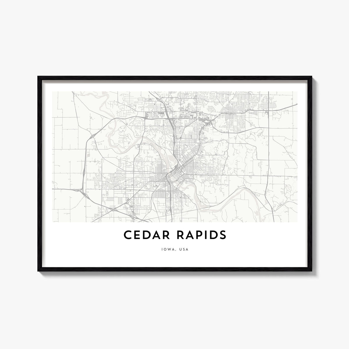 Cedar Rapids black & white map poster of Iowa, USA – horizontal wall art, unframed print shown in interior mockup