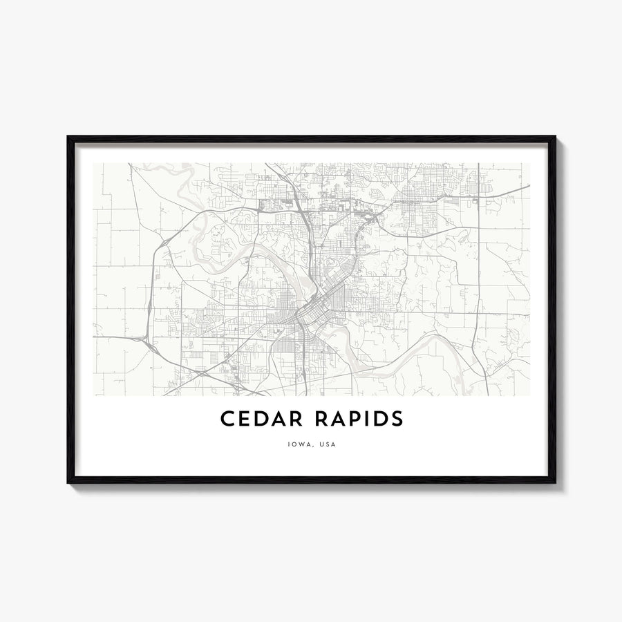 Cedar Rapids black & white map poster of Iowa, USA – horizontal wall art, unframed print shown in interior mockup
