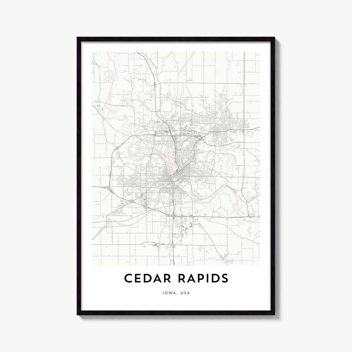 Cedar Rapids black & white map poster of Iowa, USA – vertical wall art, unframed print shown in interior mockup