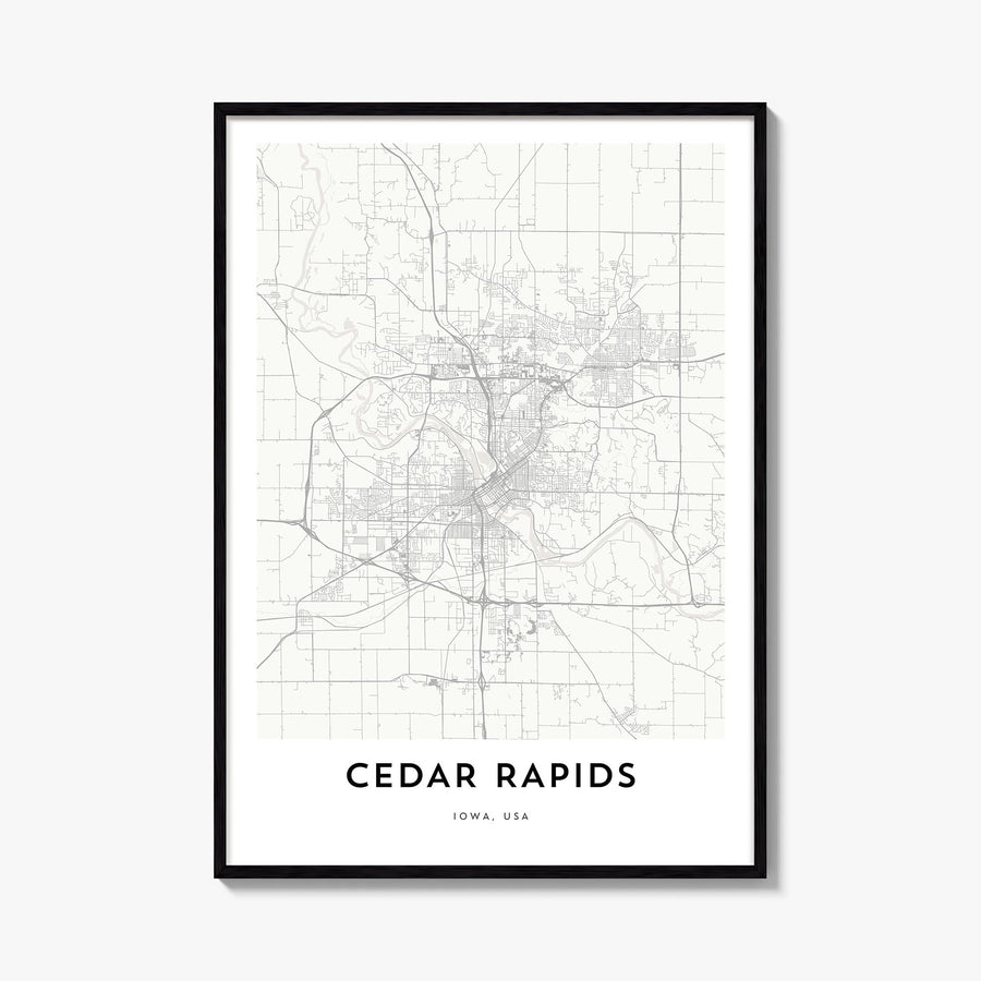 Cedar Rapids black & white map poster of Iowa, USA – vertical wall art, unframed print shown in interior mockup