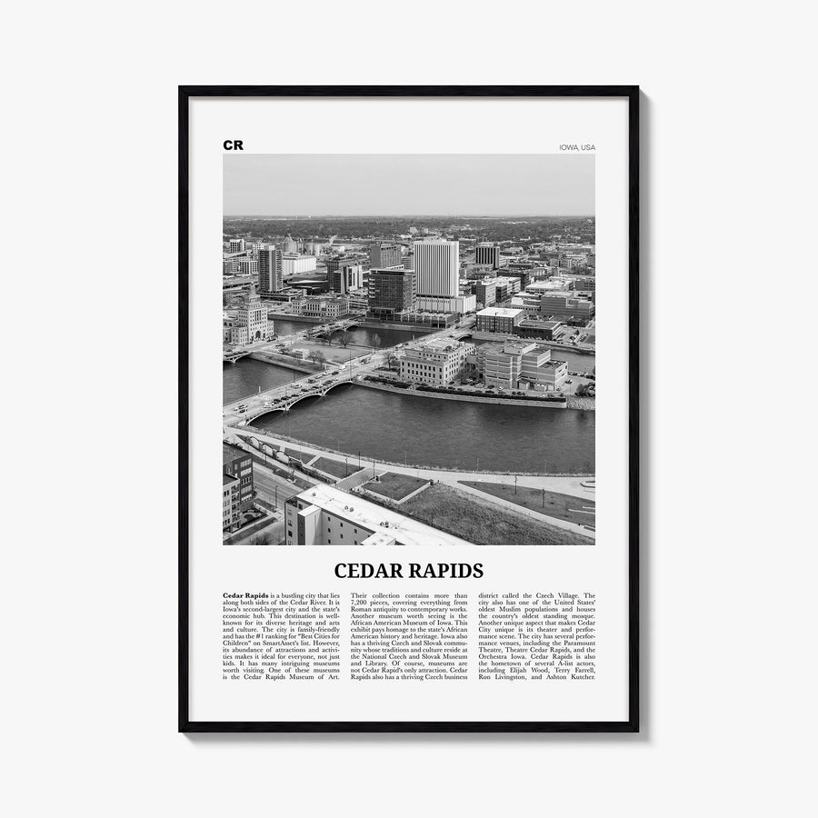 Cedar Rapids black & white newspaper poster of Iowa, USA – vertical wall art, unframed print shown in interior mockup