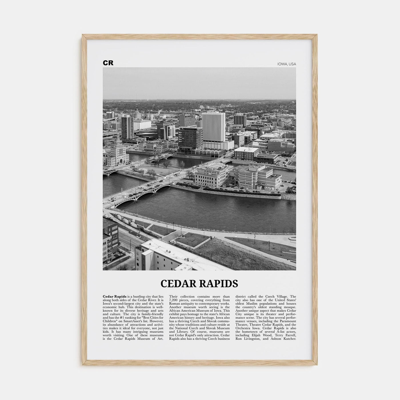 Cedar Rapids Poster Natural Wood / 8x12 in Nbourhood Travel B&W Poster