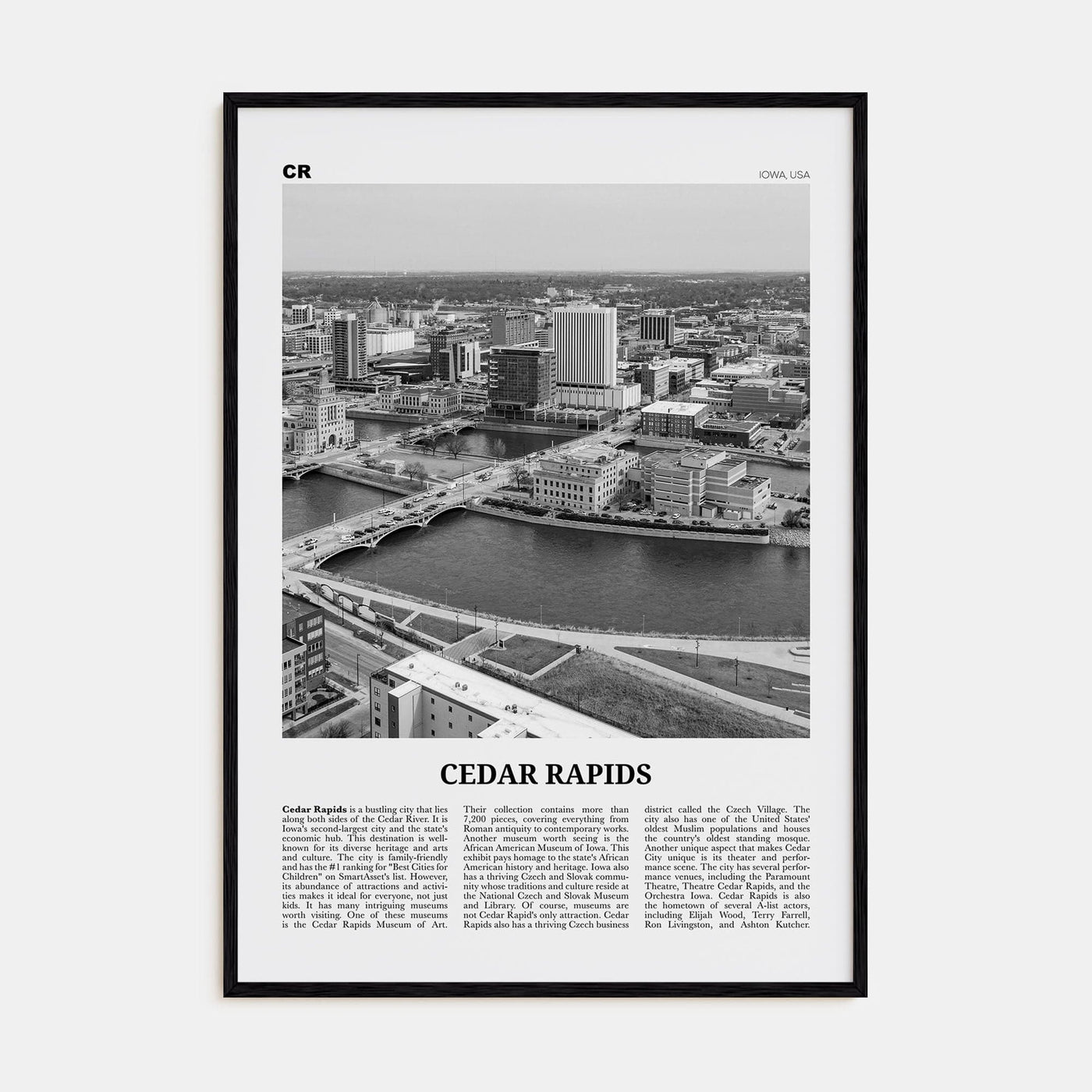 Cedar Rapids Poster Black Wood / 8x12 in Nbourhood Travel B&W Poster