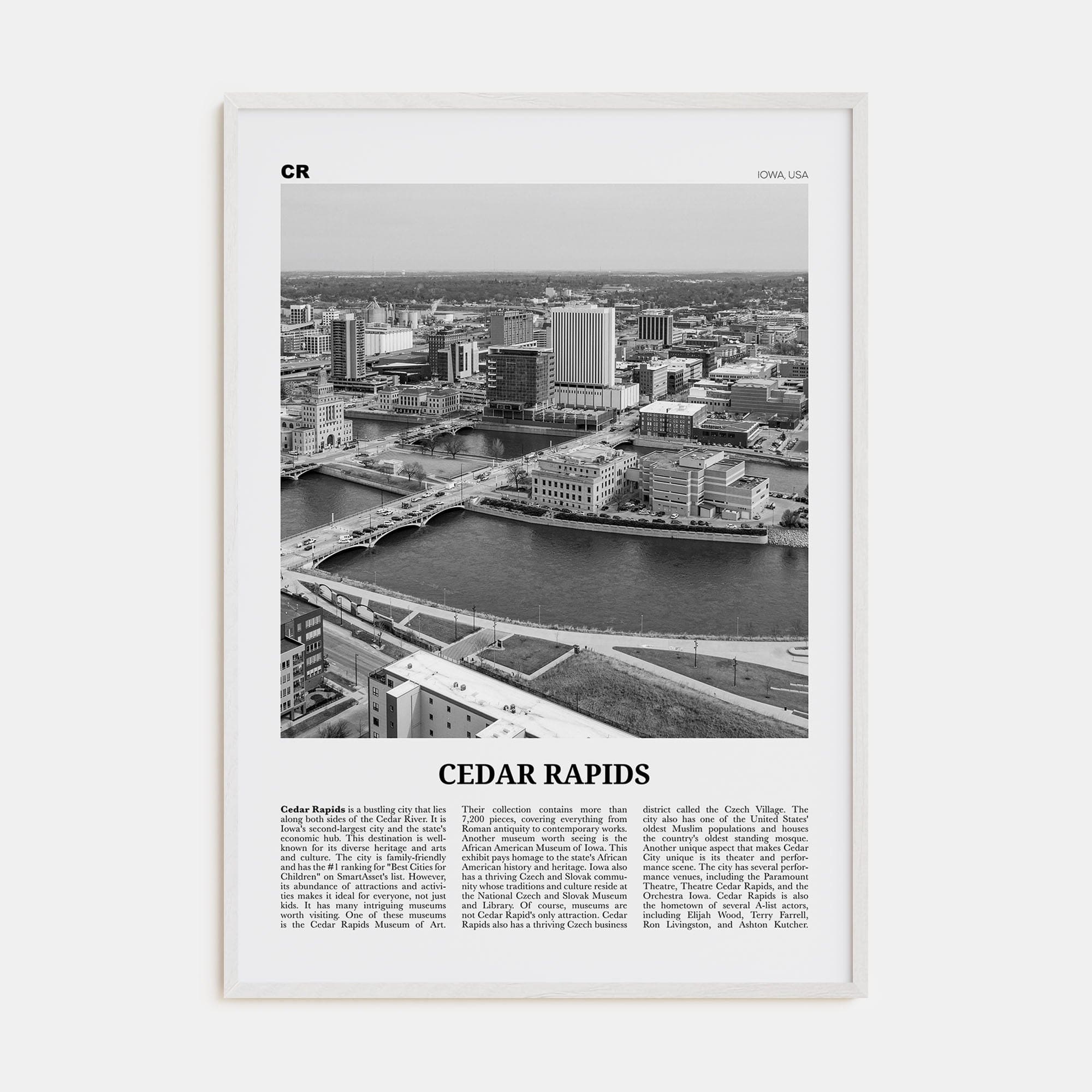 Cedar Rapids Poster White Wood / 8x12 in Nbourhood Travel B&W Poster