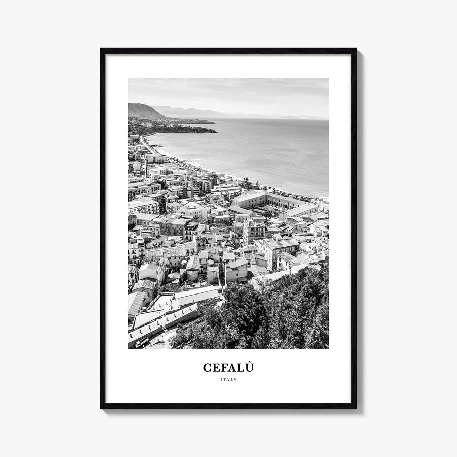 Cefalù black & white classic poster of Italy – vertical wall art, unframed print shown in interior mockup