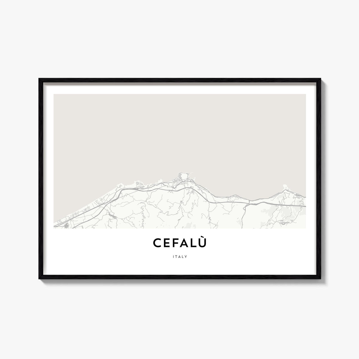 Cefalù black & white map poster of Italy – horizontal wall art, unframed print shown in interior mockup