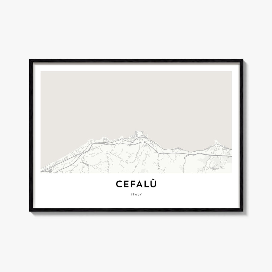 Cefalù black & white map poster of Italy – horizontal wall art, unframed print shown in interior mockup