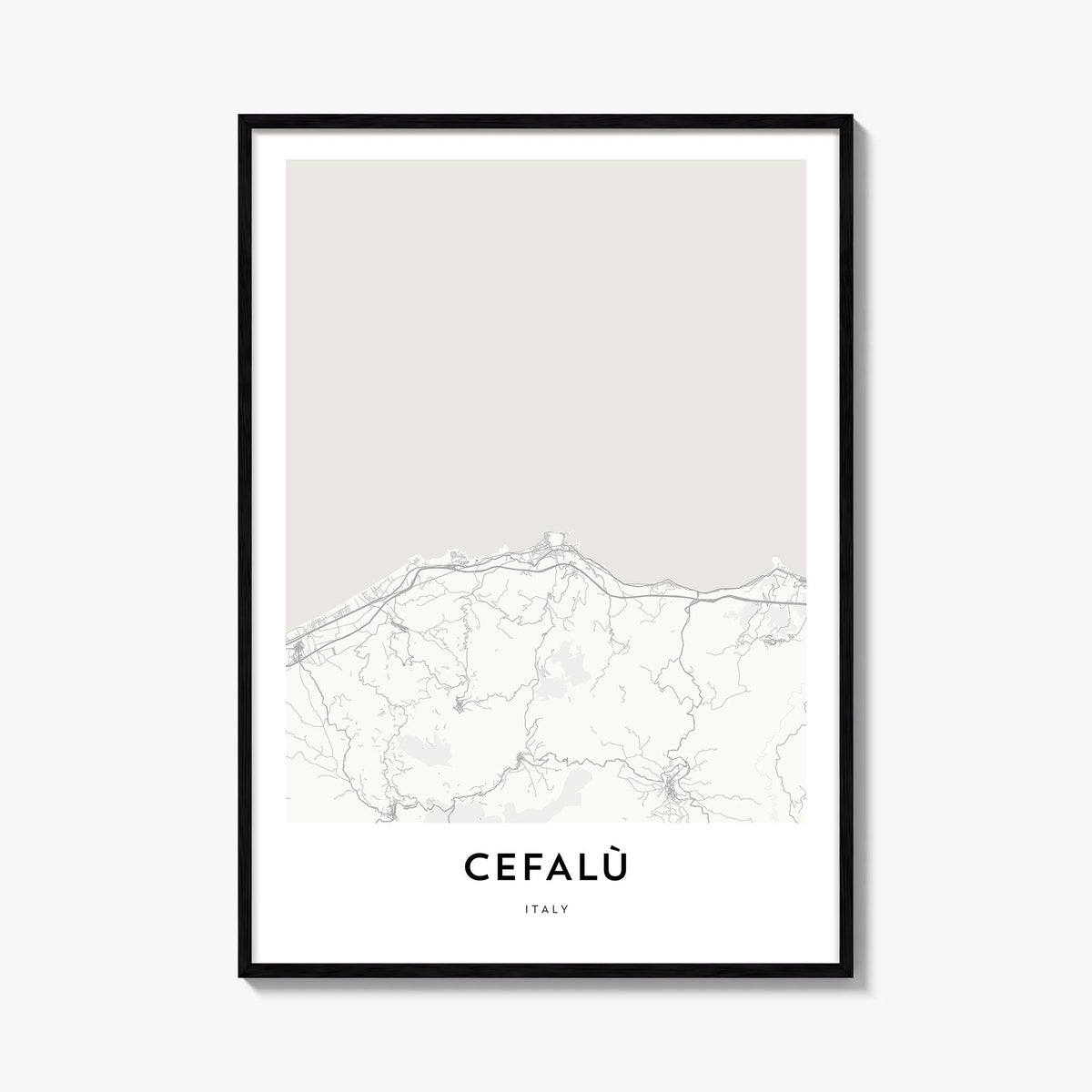 Cefalù black & white map poster of Italy – vertical wall art, unframed print shown in interior mockup