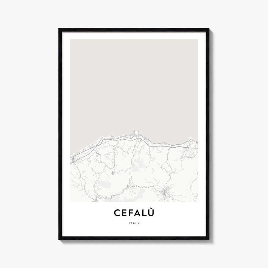 Cefalù black & white map poster of Italy – vertical wall art, unframed print shown in interior mockup