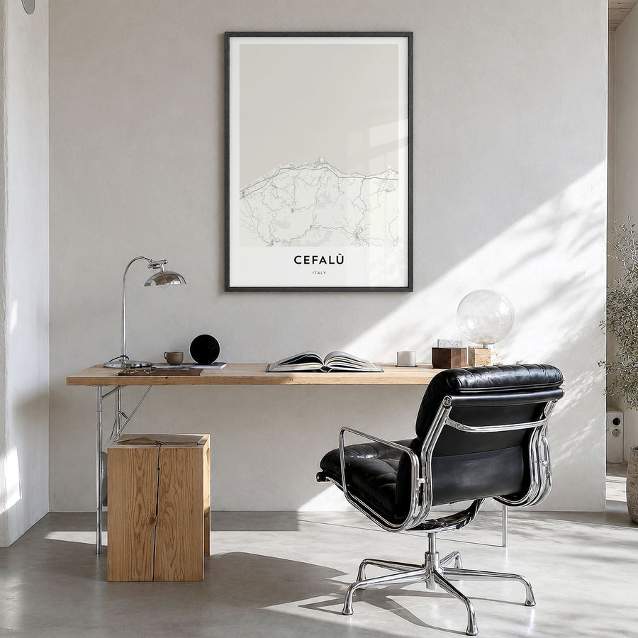 Cefalù Map Poster in a black wood frame, hanging in a bright home office