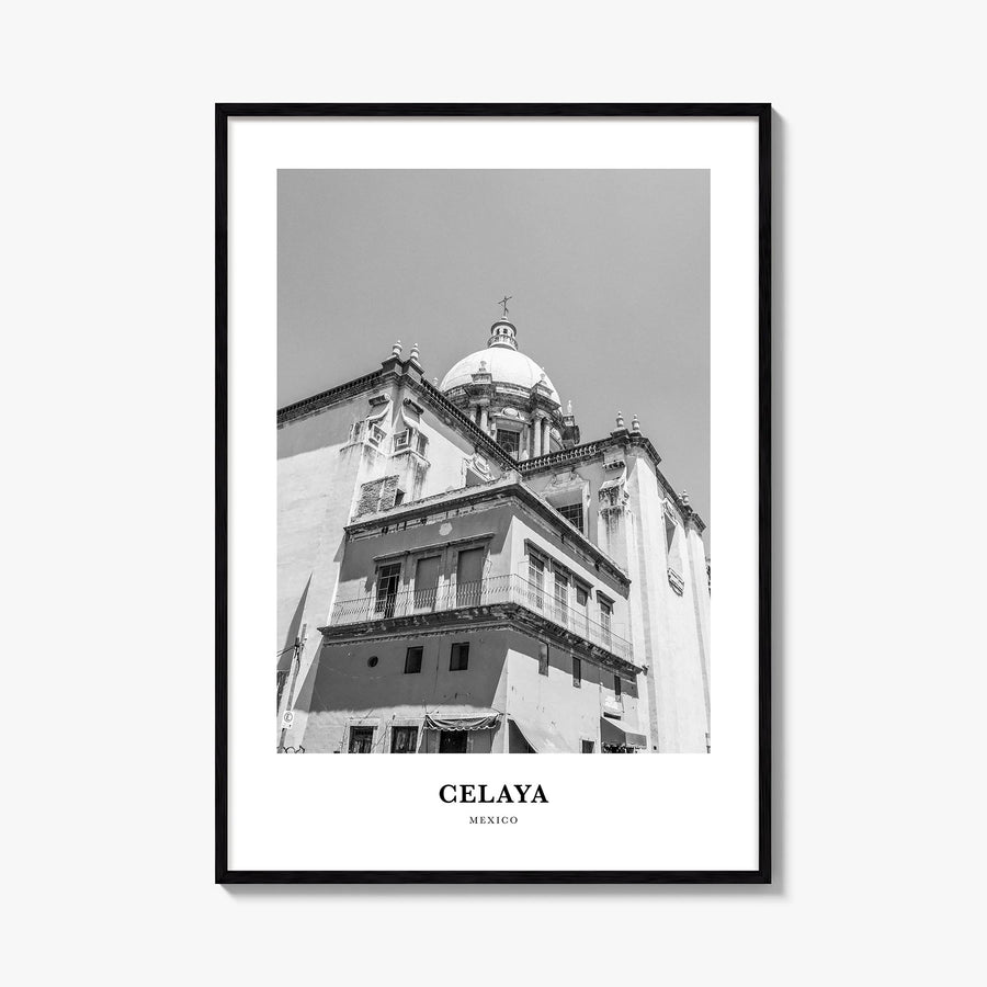 Celaya black & white classic poster of Mexico – vertical wall art, unframed print shown in interior mockup
