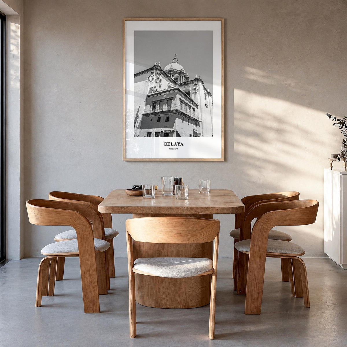 Celaya black & white classic poster of Mexico – vertical wall art in natural wood frame, hanging on wall