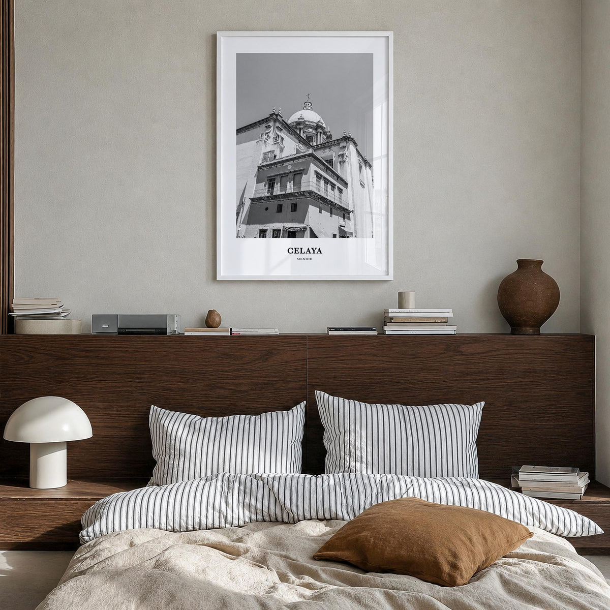 Celaya black & white classic poster of Mexico – vertical wall art in white wood frame, hanging on wall