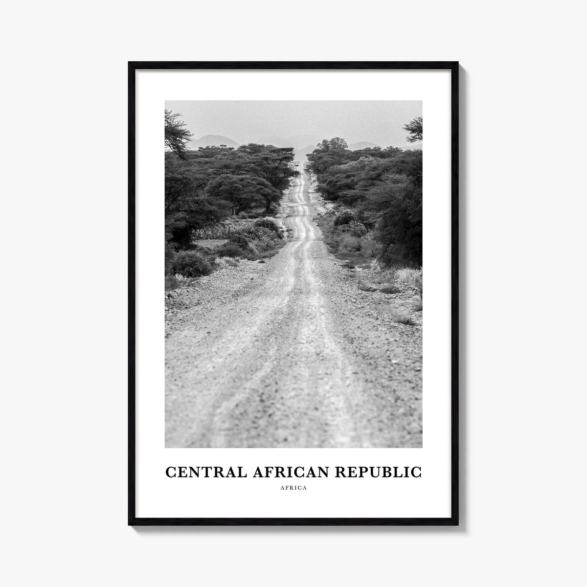 Central African Republic black & white classic poster of Africa – vertical wall art, unframed print shown in interior mockup