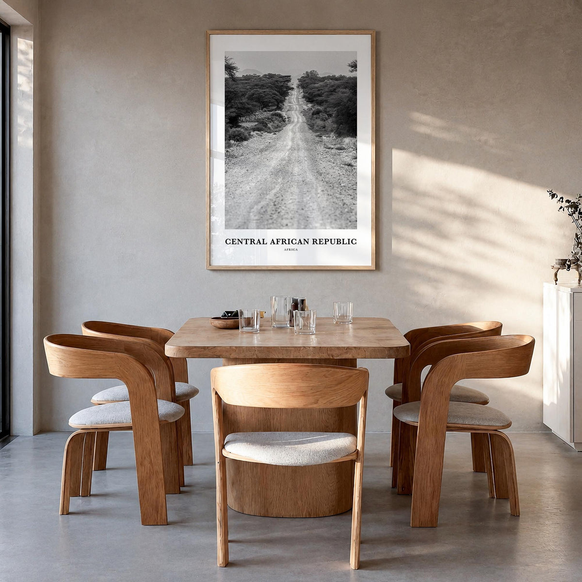 Central African Republic black & white classic poster of Africa – vertical wall art in natural wood frame, hanging on wall