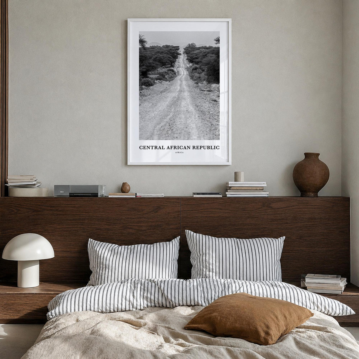 Central African Republic black & white classic poster of Africa – vertical wall art in white wood frame, hanging on wall