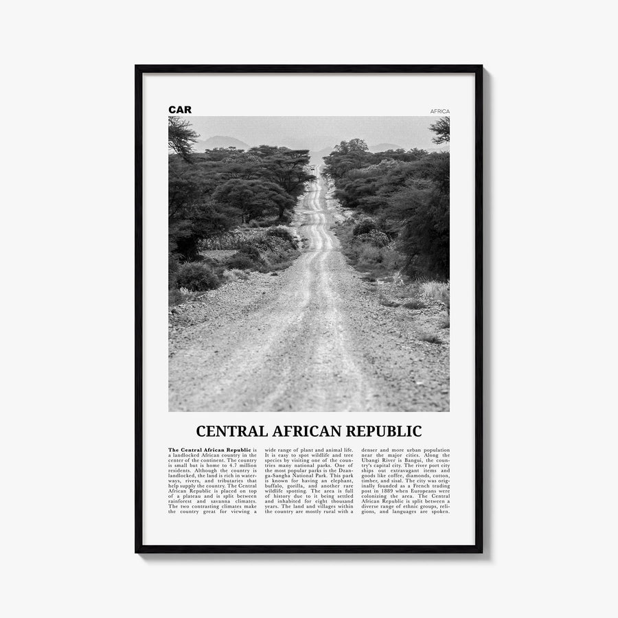 Central African Republic black & white newspaper poster of Africa – vertical wall art, unframed print shown in interior mocku