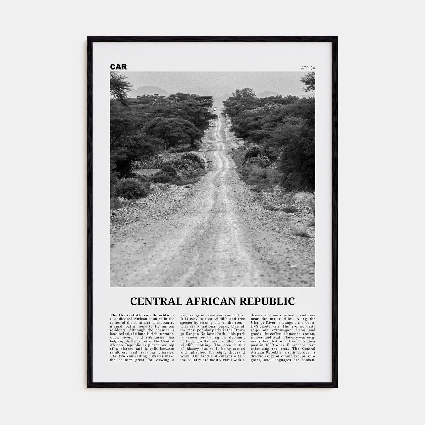 Central African Republic Poster Black Wood / 8x12 in Nbourhood Travel B&W Poster