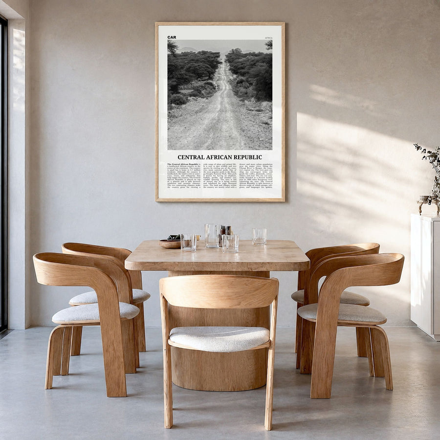Central African Republic Newspaper Poster in a natural wood frame, hanging in a dining room