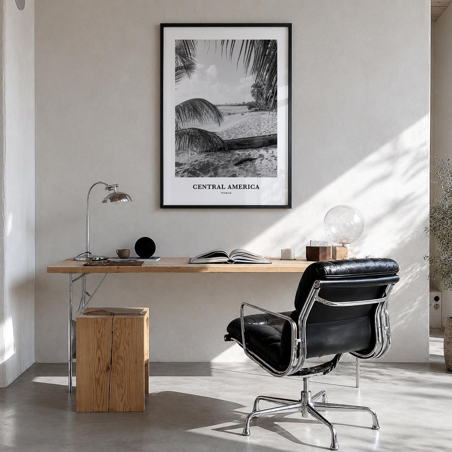 Central America black & white classic poster – vertical wall art in black wood frame, hanging on wall