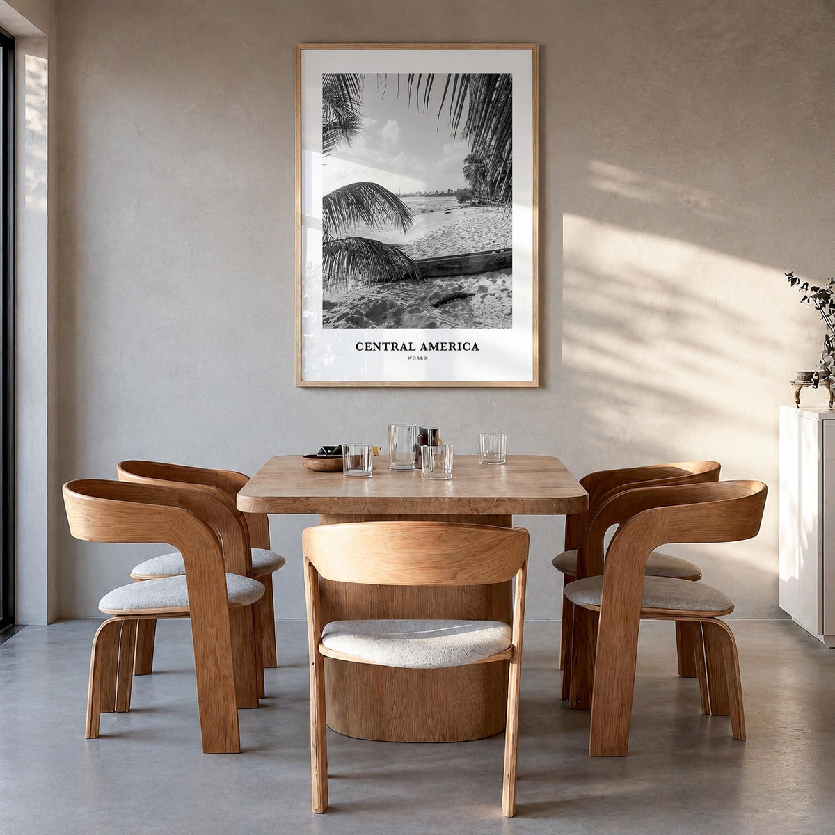Central America black & white classic poster – vertical wall art in natural wood frame, hanging on wall